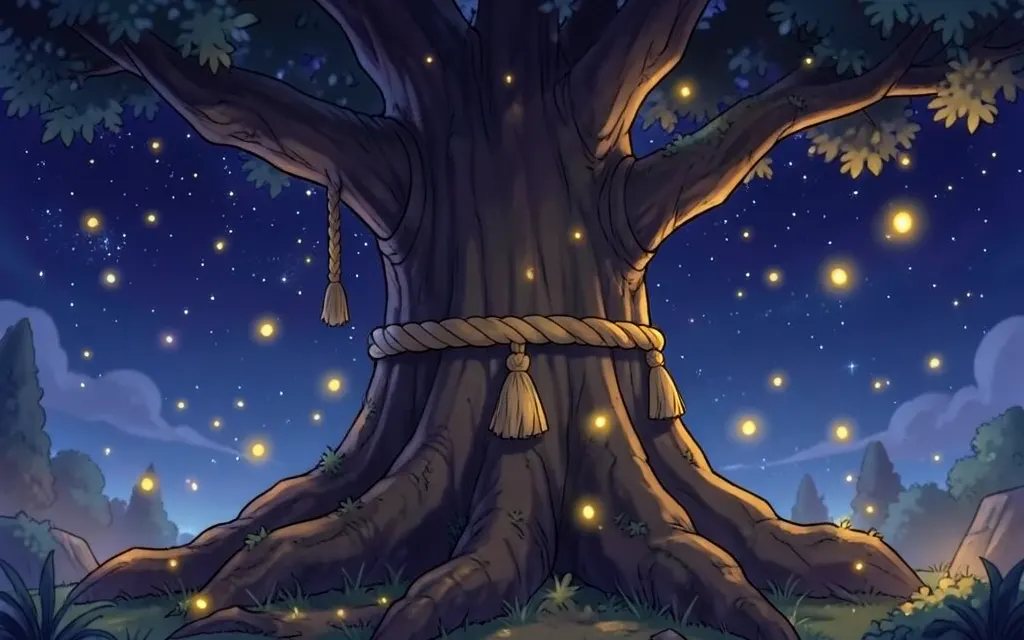 星空の下の御神木のイラスト